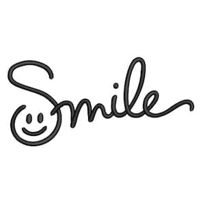 Puede incluir: Texto negro en cursiva "Smile" con una cara sonriente que reemplaza la "o". La palabra está en un estilo manuscrito, con un diseño simple y limpio. La imagen está sobre un fondo blanco.