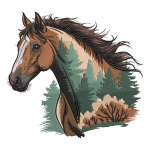May include: A detailed illustration of a horse's head, featuring a brown coat with a white stripe on the face. The horse's body is filled with a forest scene in shades of green and brown, creating a unique design.