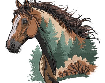 Peut inclure: Illustration détaillée d'une tête de cheval, avec une robe marron et une raie blanche sur le visage. Le corps du cheval est rempli d'une scène de forêt en vert et marron, créant un design unique.