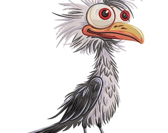 May include: A cartoon illustration of a gray and black bird with a large, red eye and a long, orange beak. The bird has a messy, white head of feathers.