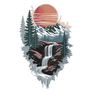 Op de afbeelding: Geborduurd ontwerp van een berglandschap met een waterval, bomen en een zonsondergang. Het kunstwerk heeft een kleurenpalet van blauw, groen, oranje en wit. Het ontwerp is gedetailleerd en ingewikkeld, met een vintage esthetiek.