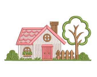 Cute Pink Cottage with Tree Machine Embroidery Design- Machine Embroidery Design File