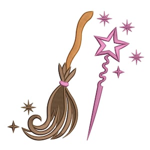 May include: An embroidered design featuring a brown broom with a tan handle and a pink band, next to a pink star-shaped wand with a wavy stem. Several pink stars are scattered around the broom and wand, creating a whimsical, magical theme.