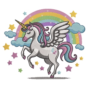 Może przedstawiać: Haftowany obraz białego jednorożca ze złotym rogiem, różową i niebieską grzywą i ogonem oraz skrzydłami z piór. Tęcza łukuje się za jednorożcem, z chmurami i gwiazdami rozrzuconymi wokół wzoru. Obraz jest na białym tle.