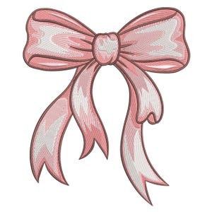 Puede incluir: Un lazo rosa con un diseño bordado detallado. El lazo presenta un nudo central y cintas fluidas, con un patrón rosa claro y blanco en la superficie del lazo. Los bordes están delineados en rosa más oscuro.