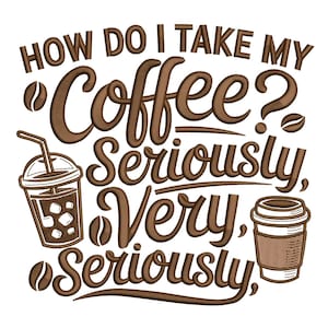 Op de afbeelding: Bruine afbeelding met de tekst "HOW DO I TAKE MY Coffee? Seriously, Very, Seriously." Bevat illustraties van koffiebonen en twee koffiebekers, een met ijs en een rietje, de andere een to-go beker.