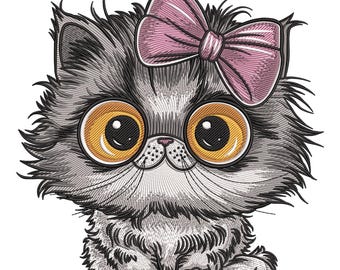 Fluffy Kitten Embroidery Design: Big-Eyed Cat with Pink Bow Stitch embroidery file
