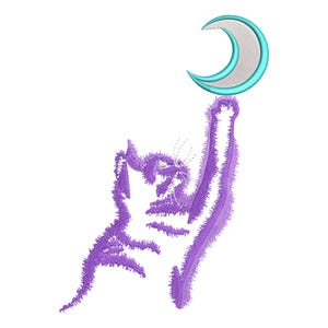 Könnte beinhalten: Eine violette Katzensilhouette, die nach einem blauen Halbmond greift.