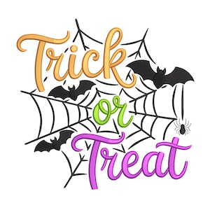 May include: A Halloween-themed design featuring the words "Trick or Treat" in a whimsical script. The text is set against a black spiderweb background, with bats and a spider adding to the spooky theme. The colors include orange, green, and purple.