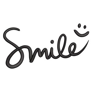 May include: Black cursive text that reads "Smile" with a smiling face replacing the letter "e". The word is in a handwritten style, with a thick, rounded font. The background is plain white.