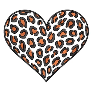 May include: A heart-shaped design featuring a leopard print pattern. The design has a white background with black and orange spots, outlined with a black border. The spots vary in size and shape, creating a textured effect.