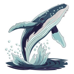 Whale Embroidery Design, Ocean Splash Machine Embroidery File, Humpback Sea Animal Stitch Pattern