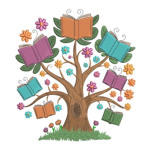 May include: An embroidery design featuring a brown tree with a hollow trunk, green leaves, and colorful flowers. Several open books in shades of orange, purple, teal, and green are positioned among the branches, resembling butterflies.