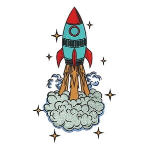 Diseño de bordado de cohete, archivo de bordado a máquina de lanzamiento espacial, patrón de cohete de dibujos animados con estrellas