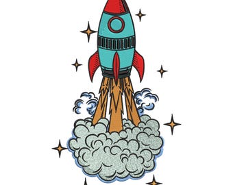 Cartoon Rocket Ship Embroidery Design: Space Launch embroidery file