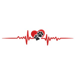 May include: A red heartbeat line design featuring a red heart with black paw prints. The heart is centrally positioned, with the paw prints inside. The heartbeat line extends to the left and right.