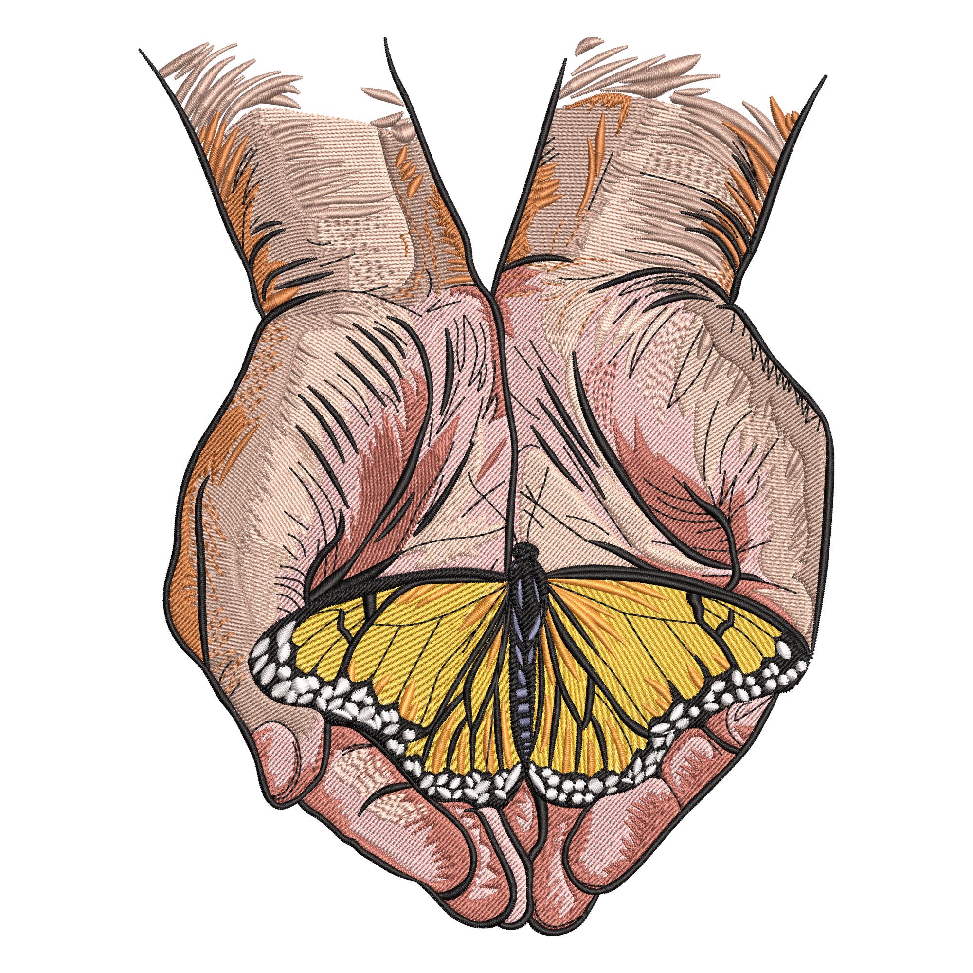 Hands Holding Butterfly Embroidery Design, Monarch Butterfly Machine Embroidery File, Gentle Touch Stitch Pattern