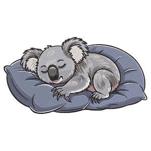 May include: A gray koala with closed eyes, resting on a blue pillow. The koala has a black nose and pink accents on its paws and ears. The image is a detailed illustration, likely for a children's product or nursery decor.
