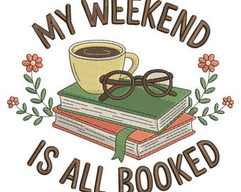 Book Lover Embroidery Design: Coffee, Books, Floral Accents embroidery file