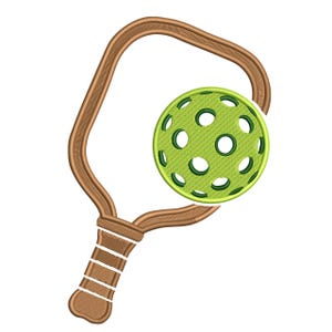 May include: An embroidered design featuring a pickleball paddle and ball. The paddle is brown with a white grip, and the ball is green with circular holes. The design is set against a white background.
