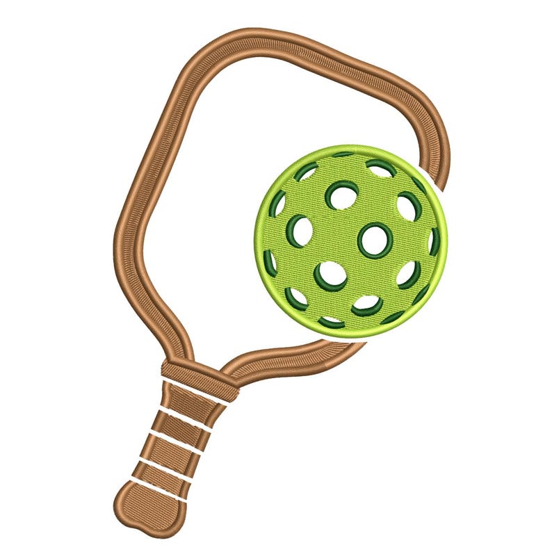 May include: An embroidered design featuring a pickleball paddle and ball. The paddle is brown with a white grip, and the ball is green with circular holes. The design is set against a white background.