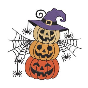 May include: A stacked pumpkin design for Halloween. The pumpkins are orange and tan with carved faces. A purple witch hat with a gold buckle sits atop the top pumpkin. Black spiders and spiderwebs are also included in the design.