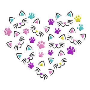 May include: A heart-shaped design featuring multiple black cat faces and paw prints in various colors, including pink, purple, blue, and yellow.