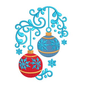 May include: A festive design featuring two Christmas baubles, one red and one blue, adorned with snowflake patterns. The baubles hang from a teal, ornate branch with swirling details. Gold accents and teal snowflakes complete the holiday theme.