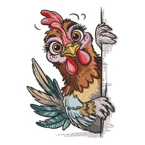 Divertido diseño de bordado de pollo Peekaboo: patrón de puntada de gallo de granja de dibujos animados