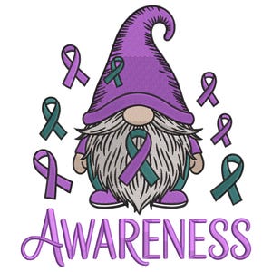 May include: A whimsical gnome illustration with a purple hat and beard, teal and purple ribbons, and the word "AWARENESS" in purple script. The design is on a white background, perfect for awareness campaigns.