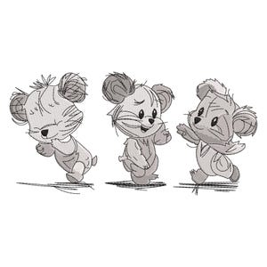 Puede incluir: Ilustración bordada en escala de grises de tres ratones de dibujos animados en diferentes poses. Uno mira hacia abajo, otro sonríe y el tercero extiende la mano. La imagen tiene un ambiente caprichoso y juguetón.