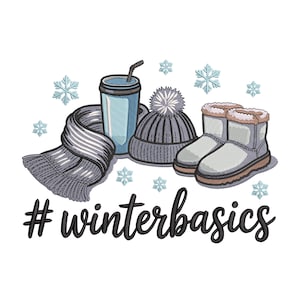 May include: An illustration of winter essentials: a gray scarf, a light blue travel mug with a straw, a gray beanie with a pom-pom, and a pair of light gray winter boots. The text "#winterbasics" is written in black cursive.