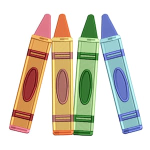 以下が含まれることがあります： ピンク、オレンジ、緑、青の色合いの4つの刺繍されたクレヨン。各クレヨンは、中央に一致する楕円形を持つ金色のボディを持っています。クレヨンの先端は、ボディよりも明るい色合いです。