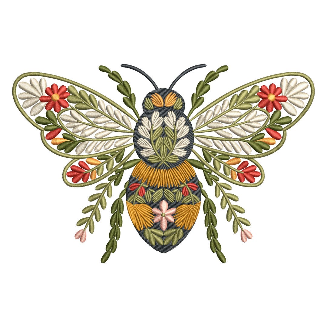 Floral Bee Embroidery Design – Decorative Botanical Insect Stitch ...