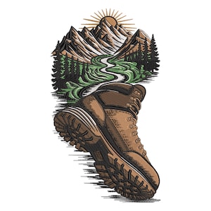 Hiking Boot Embroidery Design, Mountain Trail Outdoor Adventure Machine Embroidery File, Trekking Nature Stitch Pattern