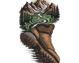 Hiking Boot Embroidery Design, Mountain Trail Outdoor Adventure Machine Embroidery File, Trekking Nature Stitch Pattern