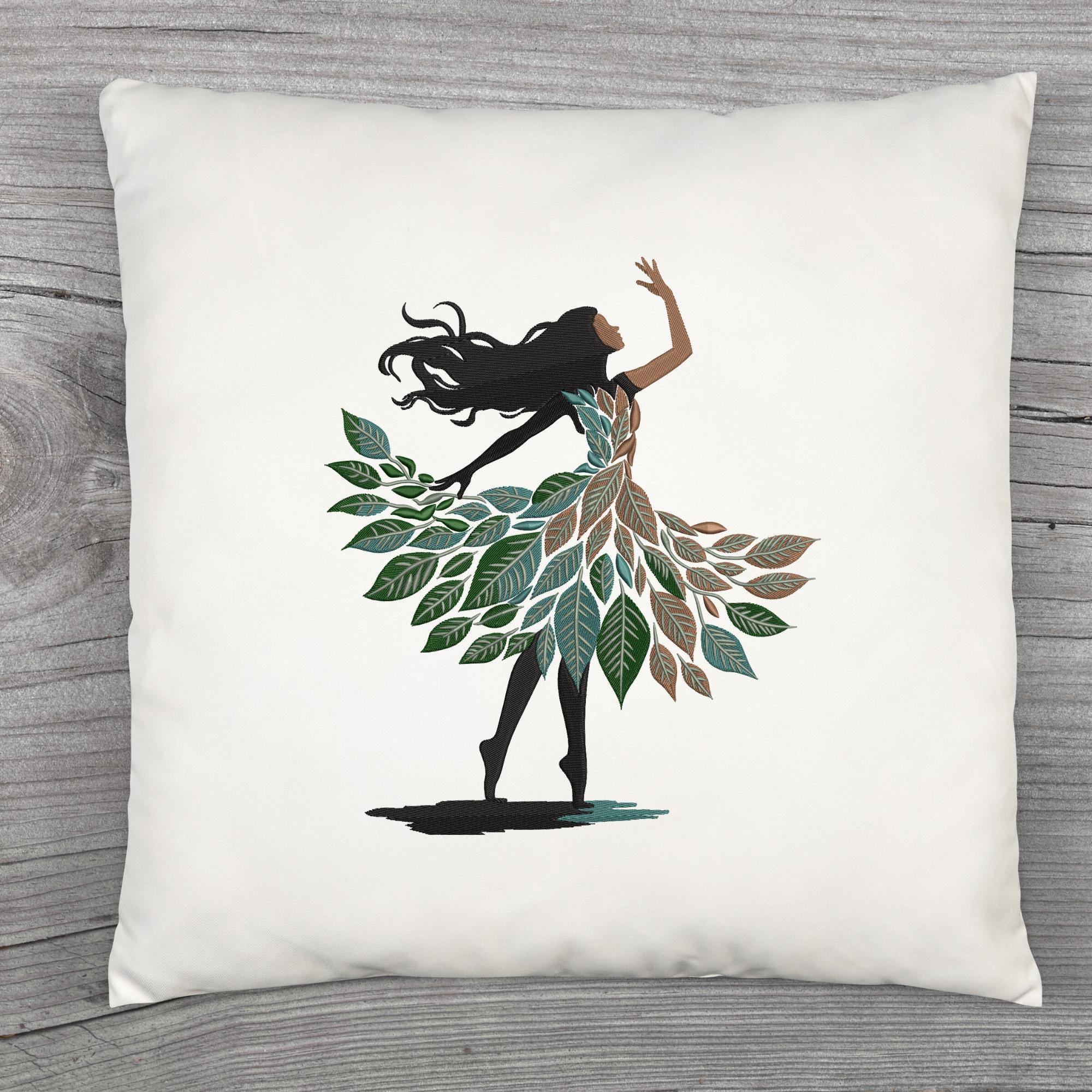 Leaf Dress Woman Embroidery Design: Botanical Silhouette Stitch