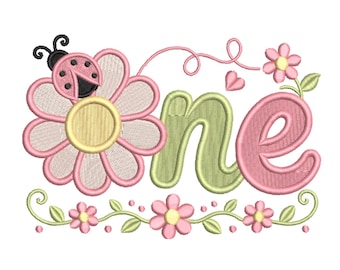 Borduurpatroon voor de eerste verjaardag met een lieveheersbeestje en bloemen - Borduurpatroonbestand