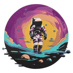 May include: Embroidered patch showing an astronaut in a spacesuit, walking on a colourful planet surface. The background depicts a vibrant, swirling galaxy with shades of purple, orange, and yellow. The astronaut's suit is black and white.