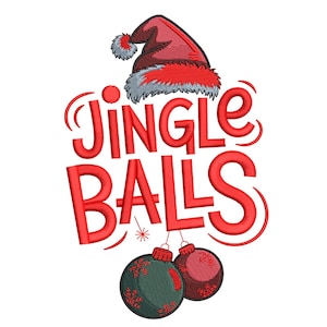 Può includere: Un design festivo con un cappello rosso di Babbo Natale e la scritta "JINGLE BALLS" in rosso. Due palline di Natale, una verde e una rossa, sono appese sotto il testo. Perfetto per le festività natalizie.