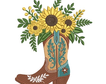 Sunflower Cowboy Boot Floral Machine Embroidery Design- Machine Embroidery Design File