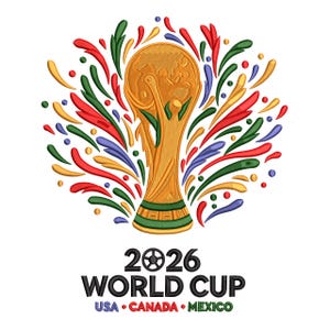 Peut inclure: Un motif brodé représentant le trophée doré de la Coupe du Monde 2026 au centre d'une explosion de formes courbes rouges, vertes, jaunes et bleues. Sous le trophée, le texte indique 2026 WORLD CUP, suivi de USA, CANADA et MEXICO en couleurs.