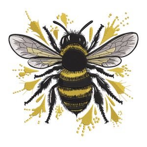 May include: A black and yellow bee with wings outstretched, surrounded by stylized golden yellow flowers. The bee has a fuzzy body and a black head.