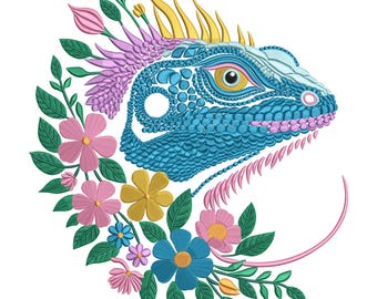 Borduurontwerp leguaan, kleurrijk reptiel met bloemen machineborduurbestand, tropisch hagedissteekpatroon