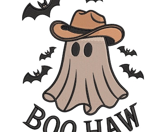 Boo Haw Halloween Embroidery Design – Cowboy Ghost with Bats Machine Embroidery File