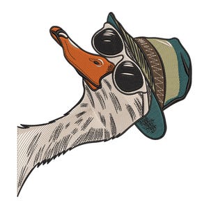 May include: Embroidered image of a goose wearing sunglasses and a hat. The goose has an orange beak and is wearing a hat with green, blue, and brown accents. The sunglasses have black lenses. The goose's feathers are white and gray.