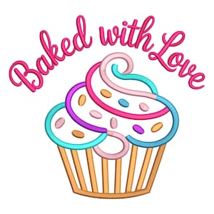 May include: A colorful cupcake design with the text "Baked with Love" in pink script. The cupcake features teal, pink, purple, and tan frosting with sprinkles, set in a tan cupcake liner. Perfect for baking enthusiasts.