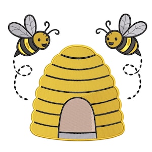 May include: Embroidered design featuring a yellow beehive with a brown entrance and two cartoon bees. The bees are yellow and black with gray wings, and are flying with dotted trails. The design is on a white background.