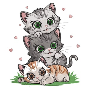 May include: An embroidered design featuring three cartoon cats stacked on top of each other. The top cat is gray and white, the middle cat is gray, and the bottom cat is orange and white. Pink hearts are scattered around the cats.