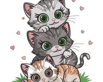 Stacked Kittens Embroidery Design, Cute Cat Trio Machine Embroidery File, Playful Cartoon Kitty Stitch Pattern